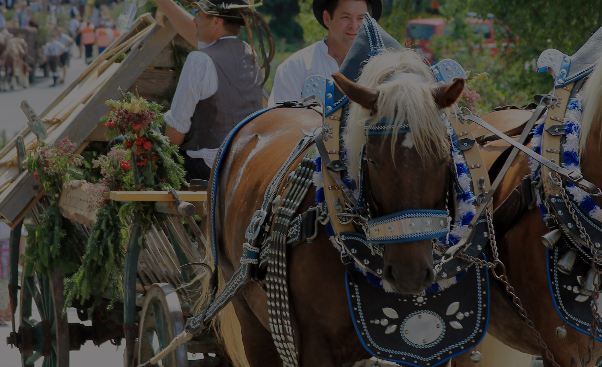 Ein geschmücktes Pferd zieht einen Wagen mit Blumen und Dekorationen, umgeben von Menschen in traditioneller Kleidung.